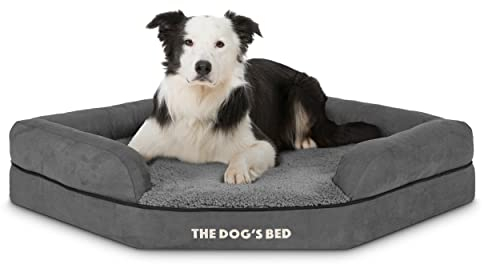 The Dog's Bed Orthopädisches Eck-Hundebett, Memory-Schaum, wasserdicht, groß, grauer Plüsch, lindert Arthritis und Hüftdysplasie, therapeutisch und stützend, waschbarer Plüschbezug