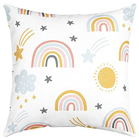 Regenbogen Kissenbezug für Mädchen 45 x 45 cm Sonne und Sterne Kissenbezug für Kinder Jungen Cartoon Wolke Dekorkissenbezug Mädchenhaft Weich Wohnzimmer Dekor Quadratischer Kissenbezüge Gelb/Rosa