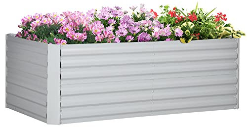 Outsunny Raised Beds for Garden, Galvanised Steel Outdoor Planters with Multi-reinforced Rods for Vegetables, Plants, Flowers and Herbs, 180 x 90 x 59 cm, Light Grey