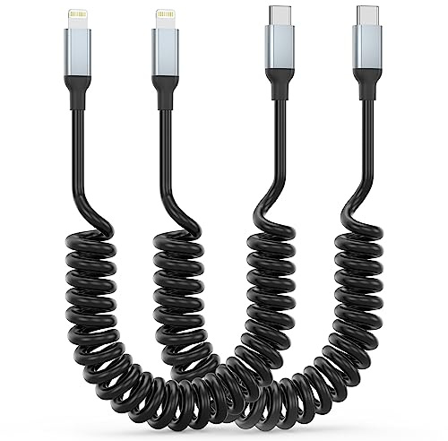 Spiralkabel, USBC auf Lightning-Kabel für iPhone, 2 Stück, einziehbares iPhone-Ladekabel für Auto, kurzes USB-C-iPhone-Ladegerät für iPhone 14/13/12/11 Pro Max/XS MAX/XR/XS/X/8/7/Plus/6S, iPad/iPod