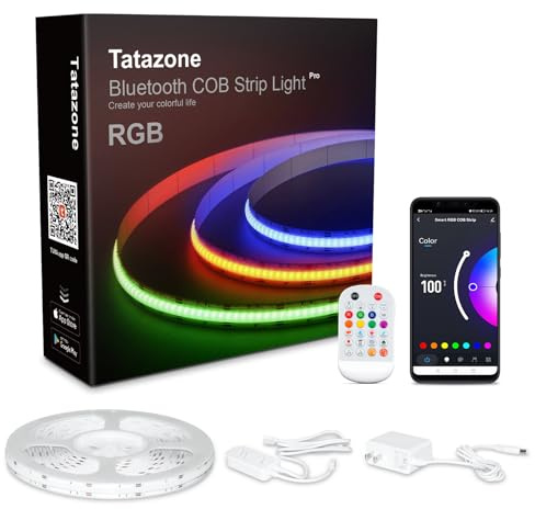 Tatazone 4.92ft Bluetooth RGB COB Led Strip Lights with Remote, Dimmable Smart App Led COB Light Strip, Color Changing Music Sync, Indoor RGB Led Lights for Bedroom, Home Decor, Party