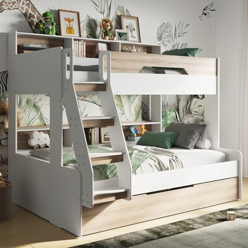 Flair Furnishings Triple Bunk Beds for Kids, Trundle Bed, Heavy Duty and Sturdy, Cosy, Stylish, Space-Saving Design (Oak)