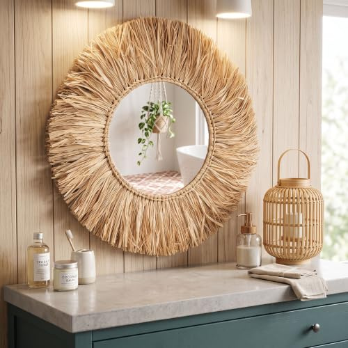 levandeo Wandspiegel Seegras Ø 50cm Spiegel Rund Flurspiegel Wanddeko Boho Deko Naturdeko Bohostyle Bohochic