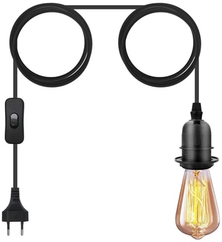 Lámpara colgante enchufable, luces colgantes de 14.8 pies, cable negro, casquillo E26, perfecto para bricolaje, granja, pasillo, escalera, cocina (negro + PVC + interruptor de encendido/apagado)