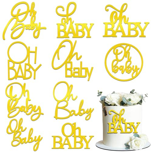 Nayyana® 10 Stück goldfarbener Oh Baby-Kuchenaufsatz, Spiegel-Acryl-Kuchenaufsatz, seitliche Kuchendekorationen, goldene Kucheneinsätze, Kuchendekorationszubehör, Cupcake-Topper