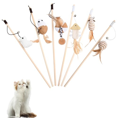 6 Stück Interaktives Katzenspielzeug Set, Katzenangel, Katzen Spielzeug Kitten, Katzenzubehör mit Federn, Cat Toys for Indoor Cats, Katzenspielzeug Stab mit Bell, Intelligenz Spielzeug für Katzen