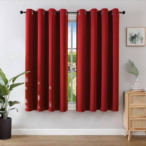 Joydeco Verdunkelungsvorhänge Rot mit Ösen 2er Set H 137 x B 117 cm, Kurze Vorhänge Blickdichte 137 cm Lang für Küche Schlafzimmer