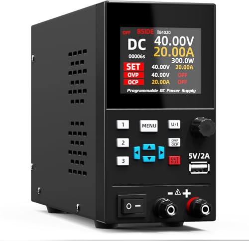 BSIDE Fuente de alimentación CC programable de 40 V 20 A, suministro de banco variable de laboratorio con salida regulada de conmutación ajustable, ajuste de tecla de flecha del codificador y USB
