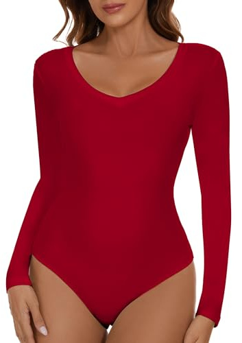 SHAPERIN Dambodysuit ärmlös/långärmad V-ringad bodies stringbody dambody ärmlös/långärmad bodysuit topp sexig räfflad topp, Röd 1#, M