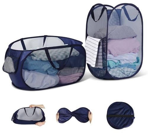Cesta de lavandería plegable WUFANC, paquete de 2 (36 x 36 x 58 cm), cesta de lavandería plegable de malla con asa para baño, camping, residencia universitaria y viajes.