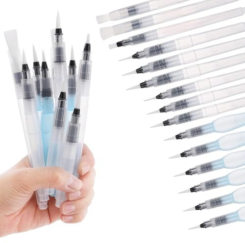 15 Pcs Water Brush Pen, Watercolour Pens, Refillable Water Pens Easy to Use Watercolour Paint Brushes for Water Color Painting Blending Lettering for Painting Lettering Calligraphy