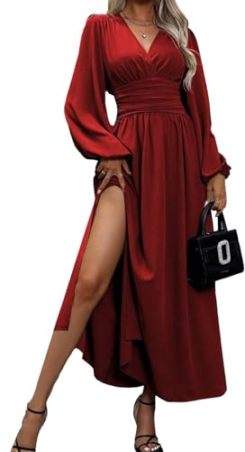 LUVCES Vestito Donna Elegante da Sera Scollo a V Tinta Unita a Pieghe Abito Lungo Casual Manica Lunga Spacchi Cerimonia Abiti Maxi Vestito Bordeaux S