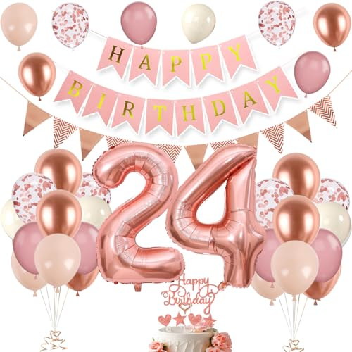 Decoración 24 Años Oro Rosa para Cumpleaños de Mujeres, Globos y Adornos de Fiesta