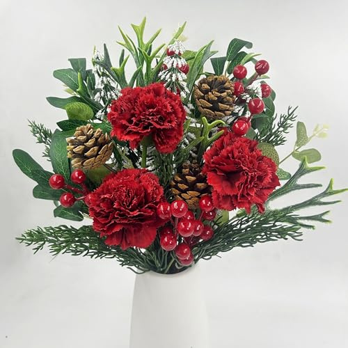 ROLLWAY 45 Stück Tannenzweige Künstlich & Kunstblumen, Künstliche Zweige Weihnachten Weihnachtsstrauß, Blumenstrauß Künstlich Eukalyptus Deko Weihnachtszweige mit Rote Blumen Beerens und Blätter
