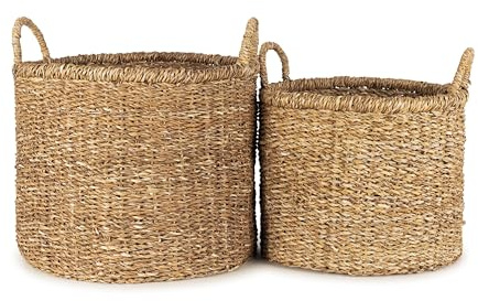 Olly & Rose Large Set 2 Premium Woven Seagrass Handmade Storage Baskets 45 and 40cm Large Premium Laundry Baskets and Display Versatile Natural