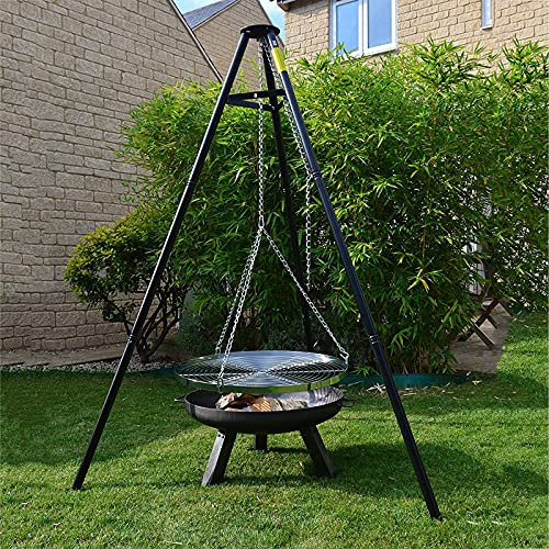 Portable Camping Fire Pit with Height Adjustable Hanging Tripod Stainless Steel Barbecue Net and Charcoal Grill Tall Garden Patio Heater for Campfire Cooking Outdoor Pot Rack (Black)