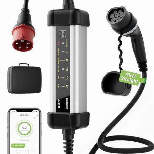 ECOPOINT 3-Phasen Mobile Wallbox 11 kW mit APP, Typ 2, Aluminiumgehäuse, 5 m Ladekabel, EV Ladegerät mit CEE Stecker, IP66 Wasserdicht, Ladestation für alle EVs und PHEVs (6-16A, gerades Kabel)