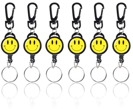 MYLERCT 6 Piezas Llavero Retractil y Extensible, Carita Sonriente, Giratorio para Llevar Llaves, Decoración