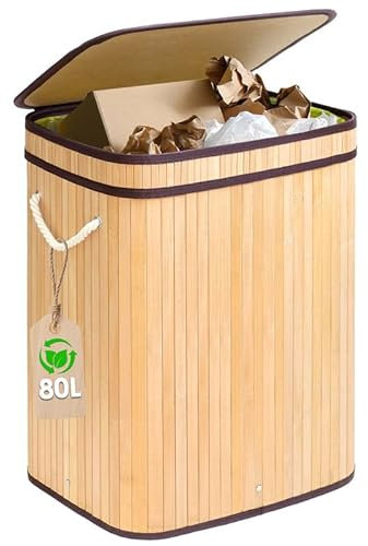 LZRBUBO 80L Gelber Sack Ständer aus Bambus-Stabiler Müllsackständer mit Deckel- Gelber Sack Mülleimer,Groß geruchsdicht müllsackhalter gelber Sack, Gelber Sack Behälter