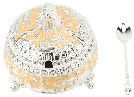 Azucarero colorido exquisito decorativo de aleación de zinc de vidrio con tapa y cuchara para mesa de cocina (plateado y amarillo)
