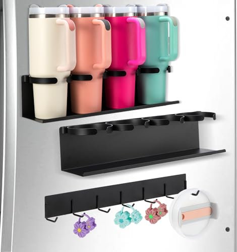CINPIUK Magnetic Cup Rack for Stanley 30/40oz Tumbler, 3 Pcs Refrigerator Organizer for Water Bottle with Hook, Space Saving Wall Mount Storage Holder Fits Yeti, RTIC, Hydro Flask, Hold 8 Cups