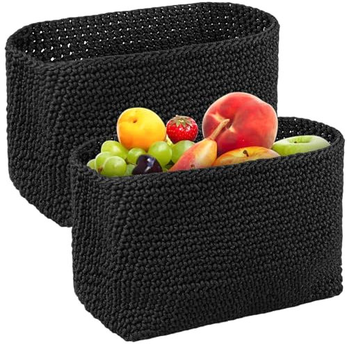 2 cestas trenzadas negras, 21 x 13 x 15,5 cm, cesta de almacenamiento de cuerda de algodón trenzada, rectangular, cesta trenzada pequeña, organizador de baño, cesta de ganchillo apilable para