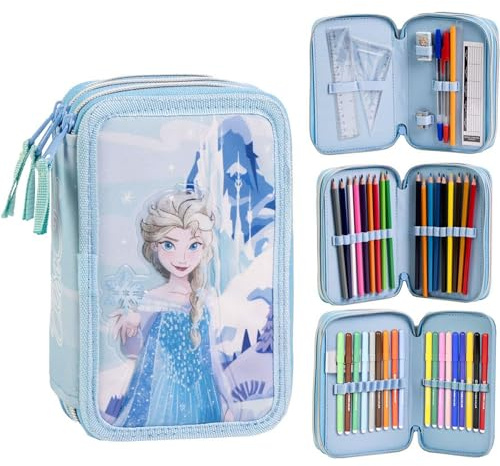 Federmäppchen mit Zubehör Giotto Frozen mit Filzstiften, Kugelschreibern und Buntstiften | Dreifachmäppchen für Kinder mit Disney-Design, Frozen, 12.5x6.5x19.5 cm, Lizenzprodukt