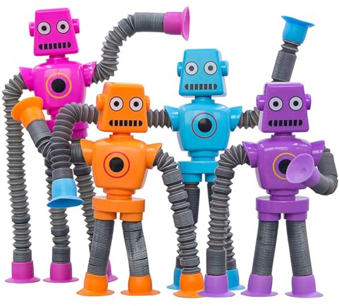 lomdung 4 Pezzi Robot Mini Giocattolo, con Ventosa Telescopica, Giocattolo Educativo per Bambini, Adatto a Bambini e Adulti con Autismo per Alleviare Lo Stress L'Ansia(Modello Di Robot)