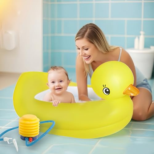 Shyllin Aufblasbare Baby-Badewanne im Ente,Kostenlose Luftpumpe,Tragbare Reise Baby Säugling Badewanne,Planschbecken Kinder,Verdicktes PVC,0-3 Jahre Baby,Für Reisen und zu Hause
