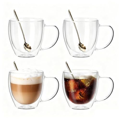 OPTVTAVITA Double Wall Glass Coffee Mugs Set of 4,250ML Insulated Glass Coffee Cups with Handles,Clear Coffee Mugs for Espresso,Latte,Cappuccino,Wine,Tea Bag,Hot or Cold Beverage