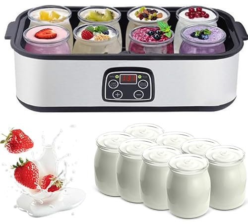 Yaourtière avec affichage LED, machine automatique de 1400 ml, 8 bocaux en verre, minuterie de 0 à 48 h et température réglable de 20 à 50 ℃ pour yaourt frais fait maison