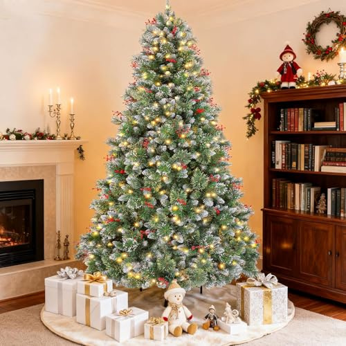 Pre-lit Christmas Tree 183cm/6ft, 850 Branches Tips Artificial Pine Xmas Tree with 250 LED Warm Lights & 50 Red Berry & 40 Pinecone Holiday Party Decoration for Indoor Outdoor (Green)