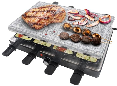 YUENFONG Raclette Grill Raclette per 8 persone, griglia elettrica da tavolo con 8 padelle e spatola in legno, piastra antiaderente per barbecue quotidiano, feste, 37,5 x 27 x 12 cm