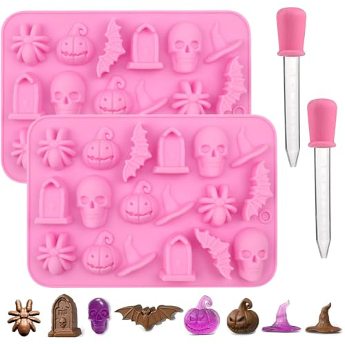 2 Stück Halloween Silikonform, Halloween Schokoladenform Totenkopf Silikonform Pralinen mit 2 Pipette, 3D Silikonform Halloween Silikon Pralinenform für Schokolade Süßigkeiten Gelee