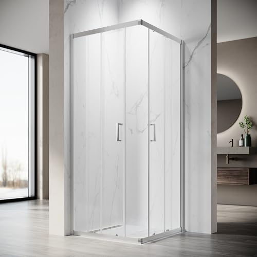 SONNI Eckeinstieg Duschkabine 90x90x195 cm, Schiebetür, 5mm ESG, Silber | 5mm ESG Sicherheitsglas mit leichtlaufender Schiebetür und platzsparendem Eckdesign für komfortable Nutzung,einfache Montage.