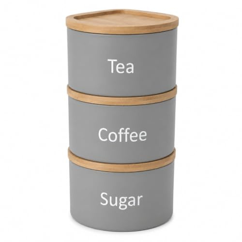 EHC Tea Coffee Sugar Canister Set, Set of 3 Stackable Kitchen Canisters Sets, Airtight Jars Easy Open Corner Space Saving Design, Grey