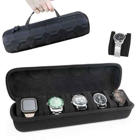 CaiYuanGJ Rouleau de Voyage 5 Montres, Étui de Rangement Portatif avec Poignée - Coque Rigide Anti-Choc et Coussinets en Mousse Douce pour Hommes et Femmes (Noir)