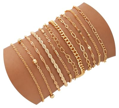 HUVZOR 11 Piezas Set de Pulseras Mujer, Oro Pulsera Acero Inoxidable Dorado Pulsera de Cadena Dorada Mujeres Ajustable Bracelet Figaro Serpiente para Mujeres Regalo