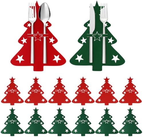 ZocRjvN 12 Pack Bestecktasche Weihnachten, Weihnachtsdeko Tisch, Tischdeko Weihnachten Esstisch, 6 Grüne + 6 Rote Besteckteile Mit Weihnachtsstern-Design