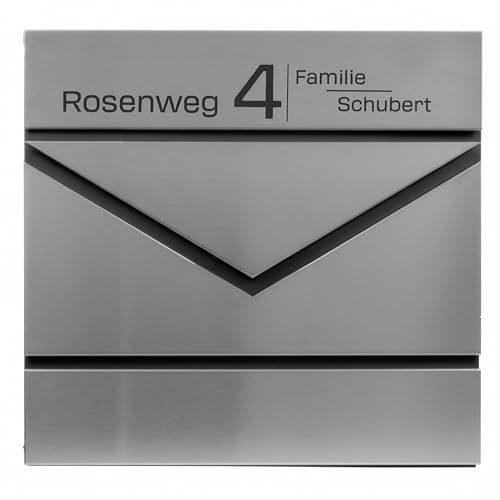 Grafner Premium Briefkasten personalisiert, Edelstahl mit Zeitungsfach und 2 Schlüssel, moderner Postkasten mit Name Straße Hausnummer, Silber Wandbriefkasten graviert, RAL7016 anthrazitgrau