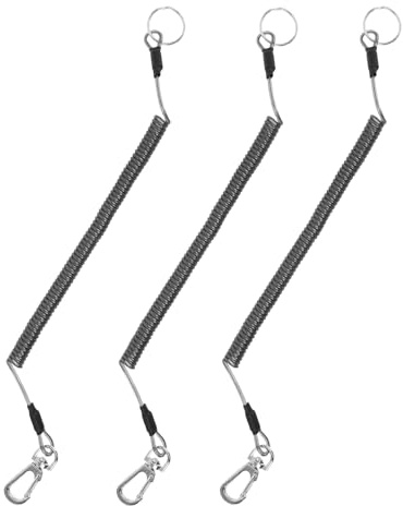 Veemoon Lot de 3 Lanières Extensibles Rétractables en Fil d'acier Noir 1,5 M avec Porte-clés, Cordon à Ressort Spiralé pour Pêche, Kayak et Activités de Plein Air, Fixation Sécurisée