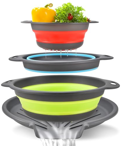 Collapsible Colander Set (4-Pack) - Self-Draining Sink Edge Strainer, Nesting Design for Easy Storage in 3 Sizes (Small, Medium, Large) & Colors (Red, Blue, Green) (Green + Blue + Red)