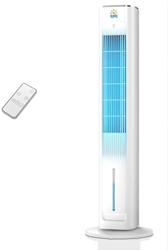 EXNOS Turmventilator Luftkühler mit Wasserkühlung -Kleine Klimaanlage ohne abluftschlauch,Ventilator mit Fernbedienung Leise, 3 Modi & Stufen-12H Timer-75°Oszillation,für Wohnung,Weiß-Silber