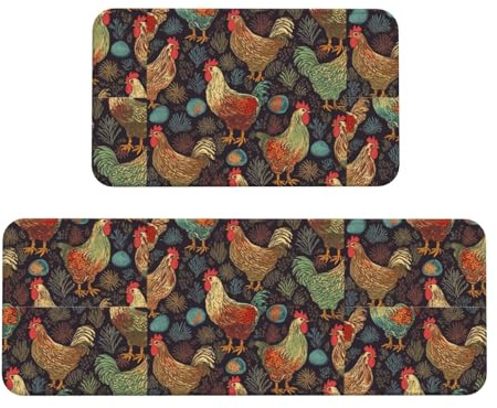 Chicken Print Kitchen Rugs Set of 2, Cushioned Anti-Fatigue Kitchen Mats for Floor, Waterproof Comfort Standing Mat Absorbent Velvet Kitchen Runner Rugs 17x30+17x47