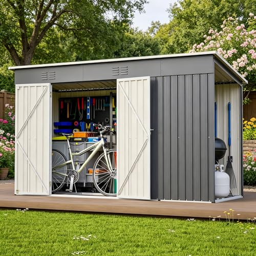 Jaxenor Großes Gartenhaus Metall, 311x123x181cm, Garten Geräteschuppen Metall mit Doppeltüren & Belüftung für Werkzeuge & Gartengeräte, Wetterfestes Outdoor Gartenhaus für Terrasse/Hinterhof, Grau