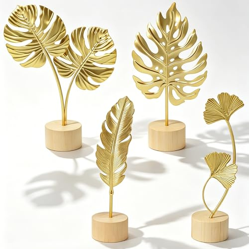 XSHAO® 4 Stück Gold Moderne Blattskulptur, Statue Blatt Metallskulptur mit Holzsockel Deko Blätter Metall für Home Büro Schlafzimmer Wohnzimmer