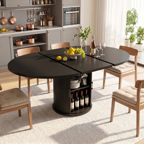OOFAYJIA Utdragbart matbord, runt köksbord för 4–6 personer, trä | Modernt matbord med cylindrisk bas, utdragsbord för matsal, kök, vardagsrum, svart (endast bord)