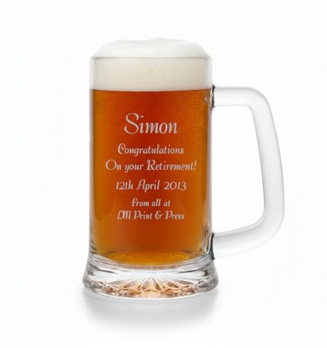 County Engraving Personalised Glass Tankard, Right-Handed, Retirement Gift (Half Pint)