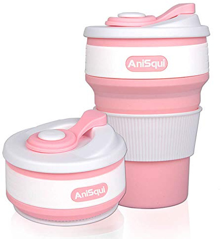 AniSqui Taza de café plegable de silicona con tapas (350ml, a prueba de fugas, sin BPA, reutilizable, taza de café, taza de café portátil | Taza de café portátil sin BPA, tazas plegables plegables que se adaptan a tu bolsillo