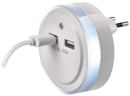 EMOS Nocturna con Enchufe con Salida USB, Interruptor y Sensor crepuscular, luz de orientación para habitación de los niños, escaleras, Dormitorio, Cocina, Pasillo, Blanco